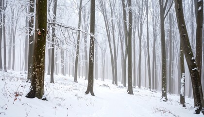 Snowy forest path, misty winter scene