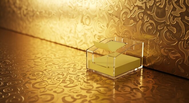 Clear notepad holder with yellow notes on a decorative golden surface