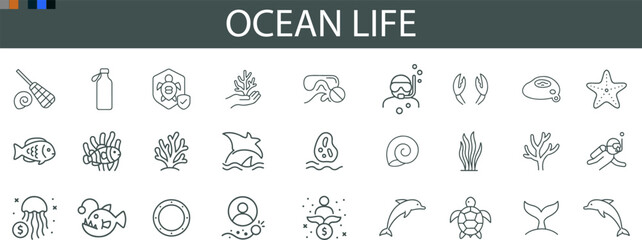 Ocean Life Icon Set for Marine Animals, Scuba Diving, and Underwater Exploration UI Design