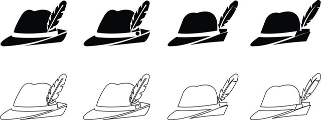 Tyrolean Hat Icon set Traditional Alpine Headwear Bavarian Style with feather Oktoberfest Costume, Feather Decoration, Folk Culture, and Fashion Symbols in Modern Vector Style elements design template