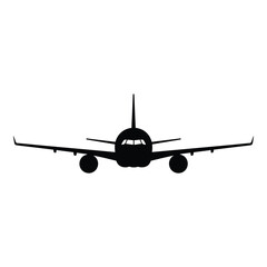 Silhouette of a modern airplane front view flying through the sky transportation silhouette