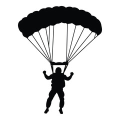 Silhouette of a skydiver descending gracefully under an open parachute silhouette