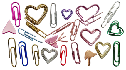 Colorful paperclips in various shapes