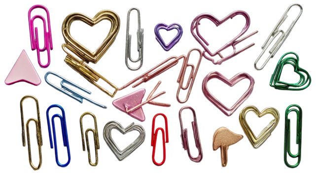 Colorful paperclips in various shapes