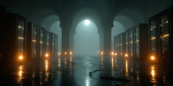 Dimly Lit Industrial Hallway Lined with Rows of Illuminated Server Racks, Creating a Mysterious and Futuristic Atmosphere - Powered by Adobe