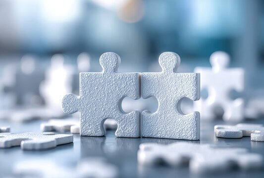 Two white puzzle pieces joined, many scattered around