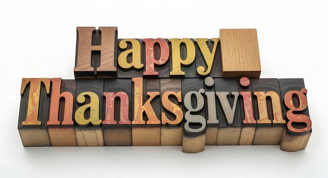Happy thanksgiving greeting message made from wooden letterpress type isolated on white background holiday concept - Powered by Adobe