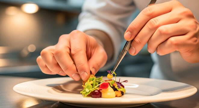 Professional chef plating gourmet dish in restaurant kitchen, hands with tweezers adding final touch to fine dining meal, culinary arts concept.