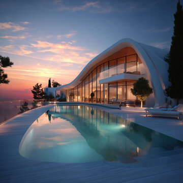 sunset over the pool