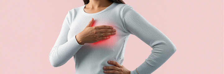Woman in sweater touching chest with red glow symbolizing Breast Cancer Awareness