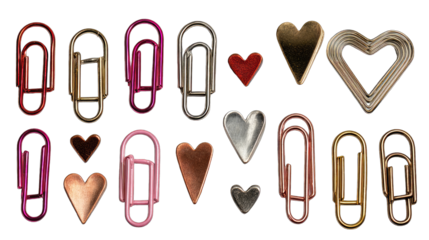 Assorted paperclips and hearts in various colors
