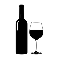 Black silhouette of a wine bottle and a glass of red wine isolated on white background silhouette