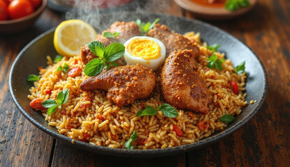 Fototapeta premium Aromatic Chicken Biryani with a Boiled Egg, Ready to Enjoy