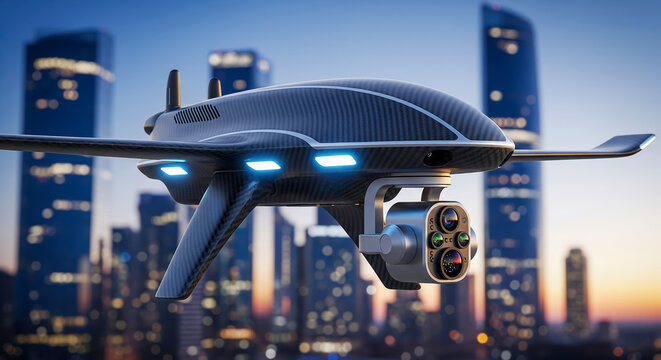 Futuristic surveillance drone with camera flying over modern city at sunset, concept of security, technology and monitoring, unmanned aerial vehicle