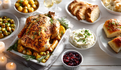 Creative food holiday template. Huge rotisserie chicken turkey with mashed potato cornbread bun, cranberry sauce, wine, burning candle on white wooden table. copy text space	
