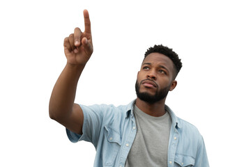 Young black man pointing upward gazing thoughtfully engaged with interactive technology transparent background