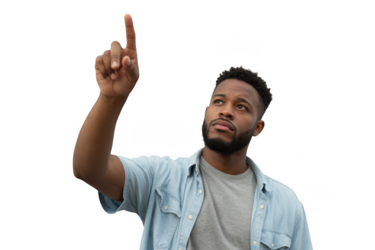 Young black man pointing upward gazing thoughtfully engaged with interactive technology transparent background
