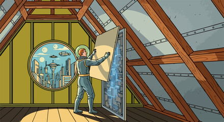 In home renovation, an astronaut is fixing the attic with panels in need of home renovation. This home renovation involves space age astronaut, modern materials and tools. © redcat