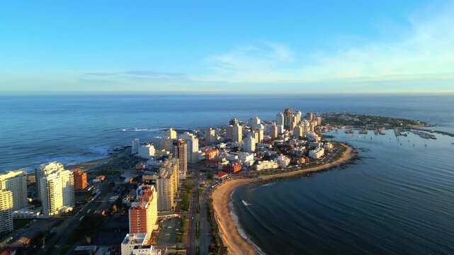 Drone Shot of Punta del Este Peninsula and Marina at Sunset