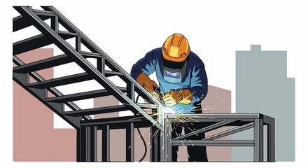 Industrial welding on metal structure against a backdrop of skyscrapers is captured here, welding work is being done on site.