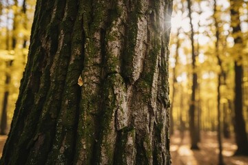 Obraz premium Moss-Covered Tree Trunk in an Autumn Forest, Textured Bark of an Ancient Tree in Fall, Golden Autumn Woods: Close-up of a Tree