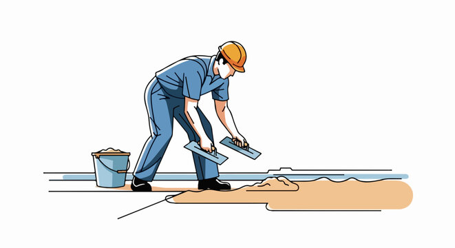 Worker applying floor screed with trowel and bucket on construction site for building foundation.