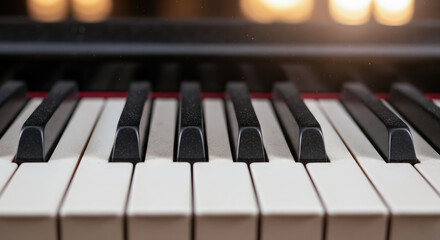 Close up of old piano keys with dust, concept of classical music, art and inspiration, learning to play musical instrument, vintage.