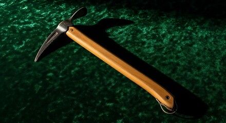 Climbing ice axe laying on green fabric, mountaineering and alpinism tool