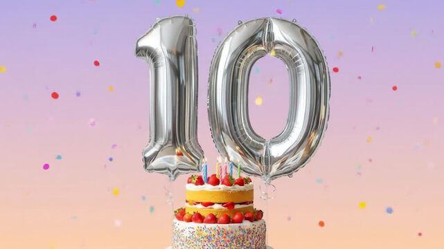 Happy 10th Birthday Celebration with Silver Balloons, Strawberry Cake and Confetti