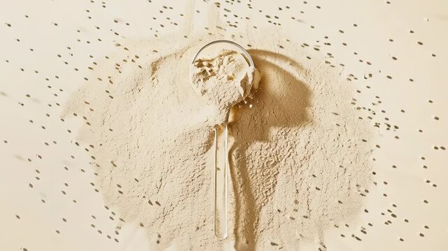 Minimalist beige aesthetic with shadow play on powdered collagen substance in metal sifter