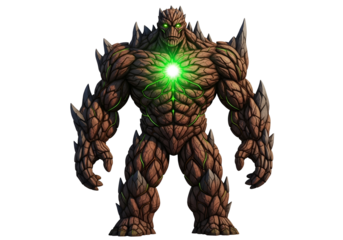Powerful, earth-toned figure with rocky texture and glowing green center stands out against a stark black background.