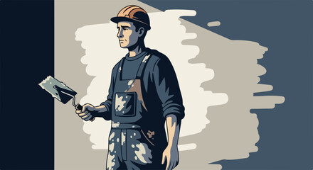 Construction worker wears hard hat, stained overalls, holding metal trowel. Professional construction worker stands against simple background, prepared for building or renovation project.