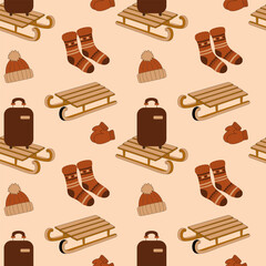 Seamless Christmas and New Year pattern with sledges, suitcases, socks, mittens, and hats on beige background. Perfect design for festive gift wrapping, packaging, and seasonal textiles.
