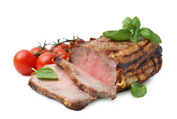 Delicious baked beef meat, tomatoes and basil isolated on white