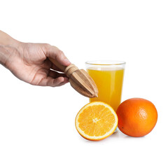 Woman with juicer, freshly squeezed orange juice and fruits on white background, closeup