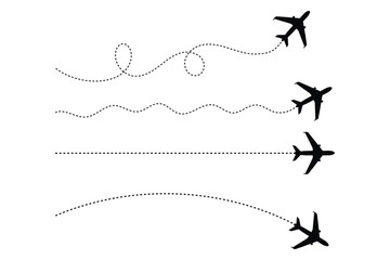Airplane with dotted line route. flying plane with twisted, curved and straight dashed trace path vector illustration with png.