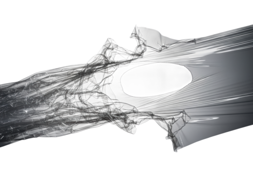 Ultrathin transparent plastic film, mid-crumple, stretching, tearing, intricate creases, isolated on transparent with intense studio lighting, specular highlights, scientific material study