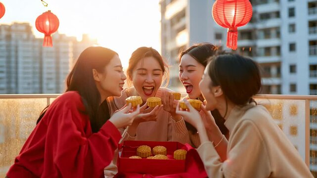 Chinese Celebrating mid-autumn festival with friends sharing mooncakes and joy at sunset