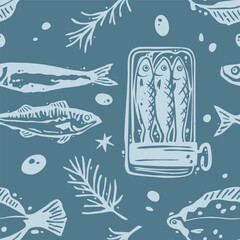Sardines Tin Can and Mackerel Silhouettes with Flounder Seamless Pattern Vector Design