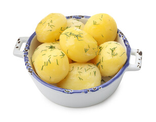 Tasty young boiled potatoes with dill and oil in bowl isolated on white