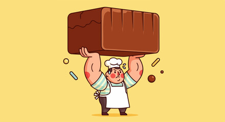Cartoon chef is carrying cake above his head, demonstrating strong baker skills in dessert preparation. Carrying cake is symbol of hard work in professional pastry.