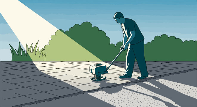 Gardener tamping paving stones with plate compactor machine on sunny day. Landscaping work involves careful placement and leveling of stone surfaces. Concept landscaping for outdoor spaces.