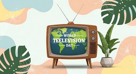 Retro television with world map on screen for world television day celebration