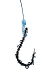 Macro of a silver hook, icy water droplets, taut ice-blue line, palomar knot, raking light, gray background. Concept of engineering precision and resilience