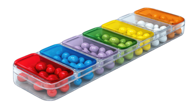 Colorful pill organizer with compartments