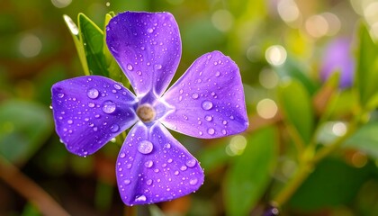 Close-up of a vibrant purple flower, covered in dew drops