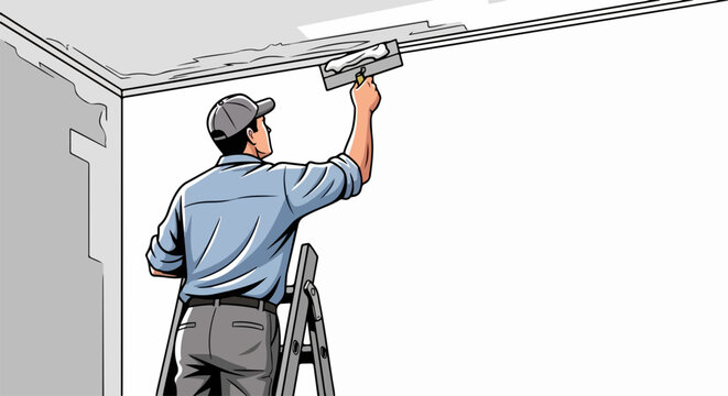 Construction worker applying plaster to ceiling edge with trowel tool, standing on ladder for home renovation project, vector illustration.