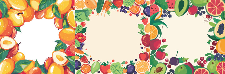 Fototapeta premium set of flat tropical fruit decorative frame background designs