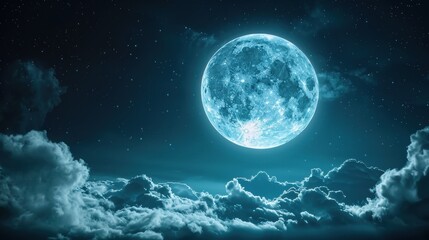 A luminous full moon shining brightly above fluffy clouds in a dark blue and starry night sky scene