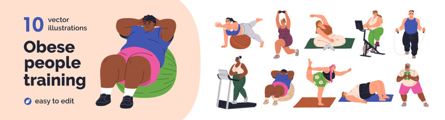 Active fat people exercising, training. Plus-size obese characters at fitness, gym, yoga and sports workouts with ball, dumbbell, treadmill. Flat vector illustrations set isolated on white background © Good Studio